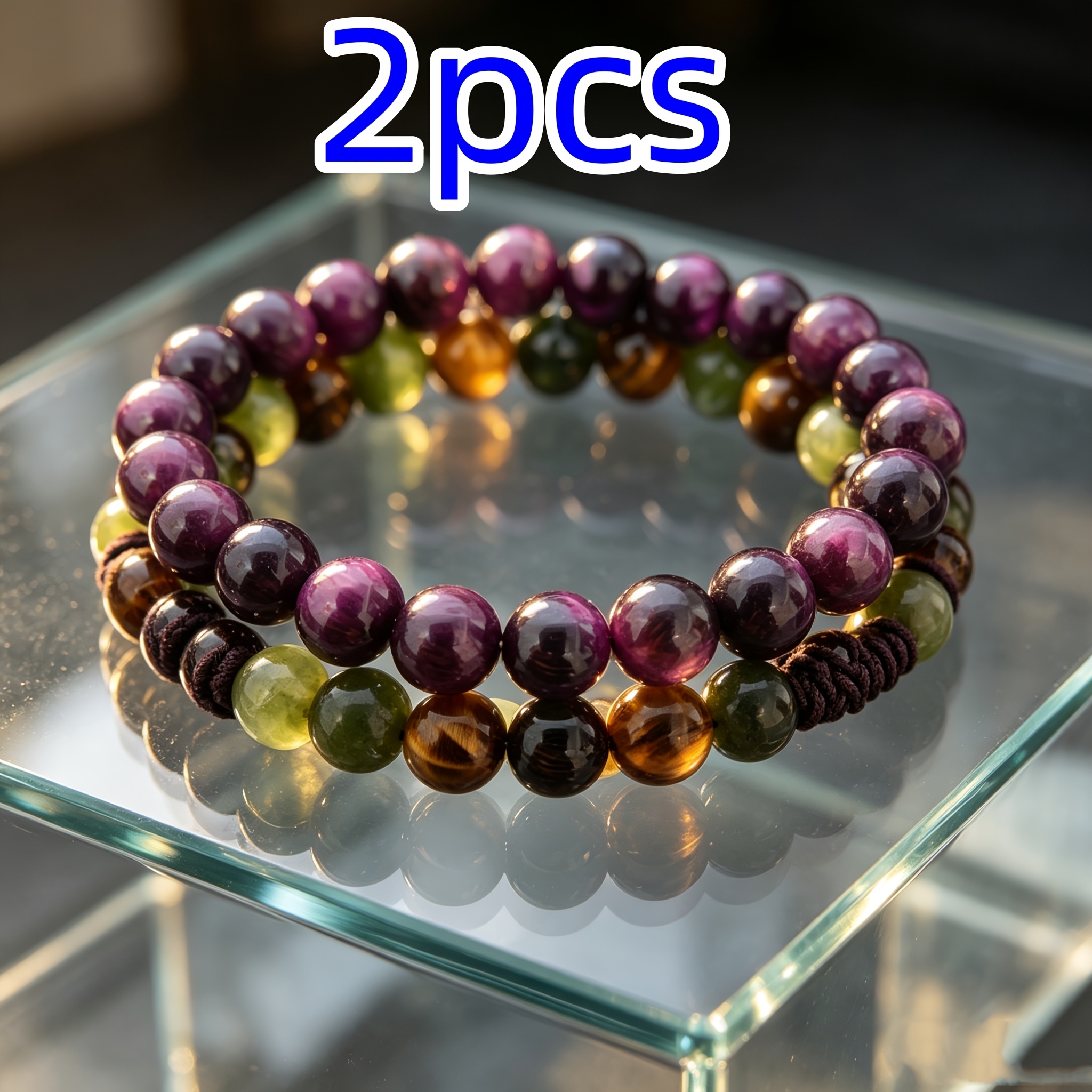 2pc Iridescent Natural Stone Bead Bracelet Set